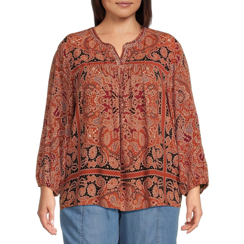 Nurture’s by Westbound Spice Scarf Print Boho 3/4 Sleeve V-Neck Top Plus Size 1X